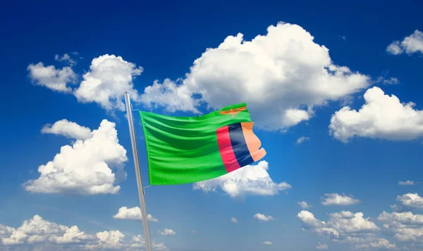 Zâmbia Acenando Bandeira Céu Bonito Com Nuvens — Fotografia de Stock