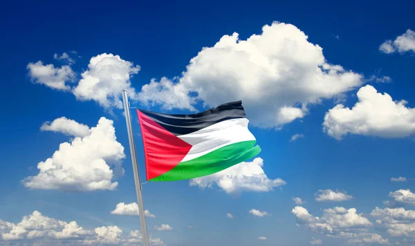 巴勒斯坦在美丽的天空中飘扬着国旗 乌云密布 — 图库照片