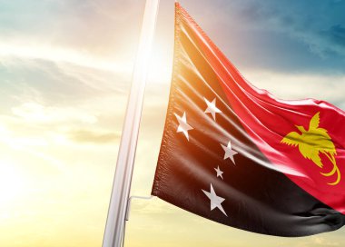 Papua Yeni Gine bayrağı güneşli gökyüzüne karşı