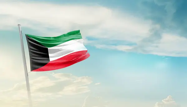 Kuwait Waving Flag Blue Sky Clouds — Stock Photo, Image