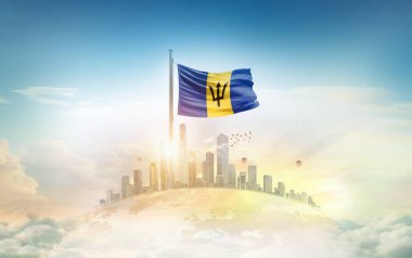 Şehir manzarasının üzerinde Barbados bayrağı simgesi 