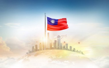 Şehir manzarasının üzerinde Tayvan bayrağı simgesi 