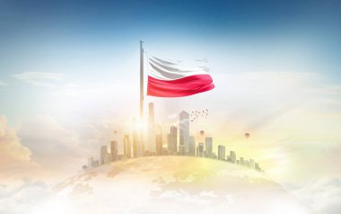 Şehir manzarasının üzerinde Polonya bayrağı simgesi 