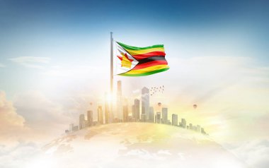 Zimbabwe bayrağı şehir manzarasına karşı dalgalanıyor