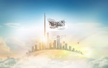 Afganistan bayrağı şehir manzarasına karşı dalgalanıyor