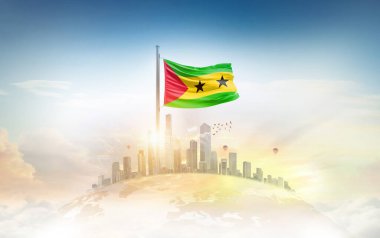 Sao Tome ve Principe bayrağı şehir manzarasına karşı dalgalanıyor