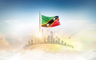 Saint Kitts ve Nevis bayrağı dalgalanan şehir manzarası