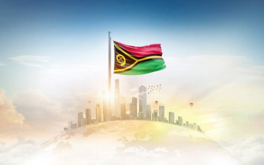 Vanuatu bayrağı şehir manzarasına karşı dalgalanıyor