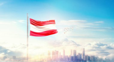 Şehir manzarasının üzerinde Avusturya bayrağı simgesi 