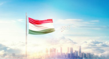 Şehir manzarasının üzerinde Macaristan bayrağı simgesi 