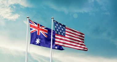 Avustralya ulusal bayrağı ABD bayrağı ve Amerikan bayrağıyla gökyüzünde dalgalanıyor