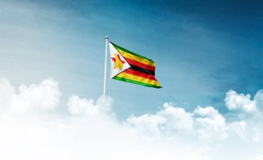 Zimbabwe bayrağı bulutlu arkaplanda dalgalanıyor. 
