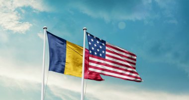  Amerikan ve Çad 'ın bayrakları mavi gökyüzü arka planında 