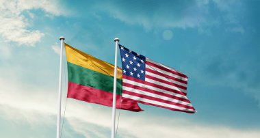   Amerikan ve Litvanya, mavi gökyüzü arkaplanına bayrak dikti 