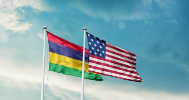  Amerikan ve Mauritius 'un bayrakları mavi gökyüzü arka planında 