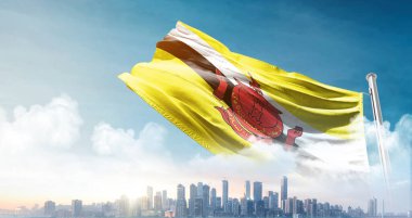 Brunei ulusal bayrağı gökyüzünde dalgalanıyor 