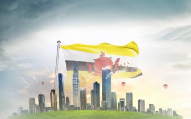 Brunei ulusal bayrağı gökyüzünde dalgalanıyor 