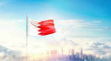 Bahreyn ulusal bayrağı Güzel bina siluetinde dalgalanıyor 