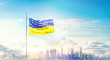 Ukrayna ulusal bayrağı güzel bir siluette dalgalanıyor.