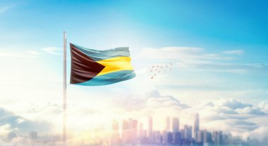 Bahamalar 'ın ulusal bayrağı güzel gökyüzünde dalgalanıyor. 