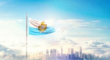 San Marino ulusal bayrağı güzel bir siluette dalgalanıyor..