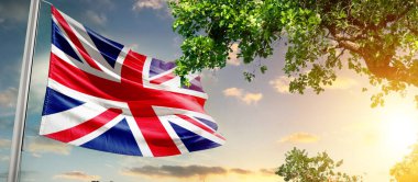 Birleşik Krallık ulusal bayrağı ağaçların yanında dalgalanan bulutlara karşı