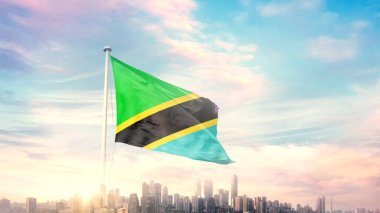Tanzanya bayrağı mavi gökyüzü arka planında şehir manzarası ile dalgalanıyor 
