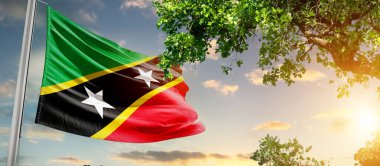 Aziz Kitts ve Nevis bayrağı ağaçların yanında dalgalanan bulutlara karşı