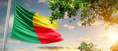 Benin ulusal bayrağı dalgalanıyor ağacın yanındaki bulutlara