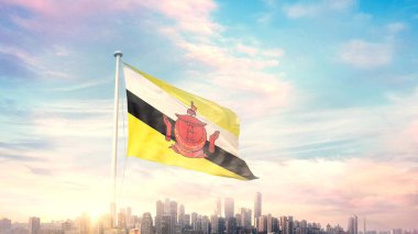 Kentin arka planında Brunei bayrağı dalgalanıyor 