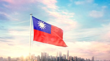 Şehir planına karşı dalgalanan Tayvan bayrağı 