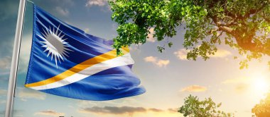 Marshall Adaları Ulusal Gün Bayrağı Ağacın yanındaki bulutlara karşı dalgalanıyor