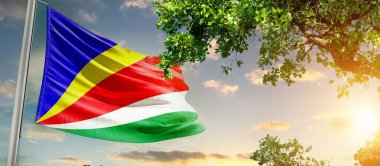 Seyşeller 'in ulusal bayrağı ağacın yanındaki bulutlara karşı dalgalanıyor.