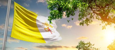 Vatikan 'ın ulusal bayrağı ağacın yanındaki bulutlara karşı dalgalanıyor.