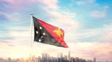 Papua Yeni Gine 'nin güneşli mavi gökyüzü ve bayrağı