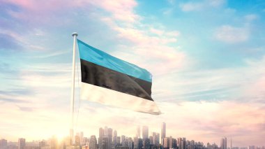 güneşli mavi gökyüzü ve Estonya bayrağı