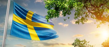 İsveç günbatımına karşı ağaç yanında bayrak sallıyor