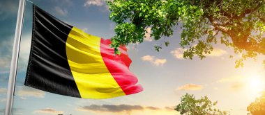 Gün batımına karşı Belçika ağaçlarının yanında bayrak sallıyor