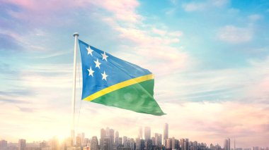 Solomon Adalarının güneşli mavi gökyüzü ve bayrağı