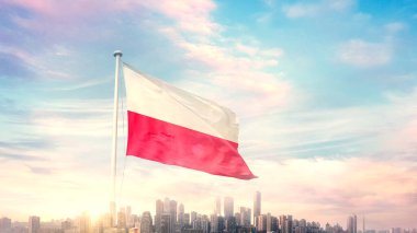güneşli mavi gökyüzü ve Polonya bayrağı