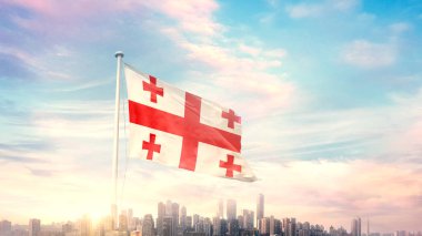 Güneşli mavi gökyüzü ve Gürcistan bayrağı