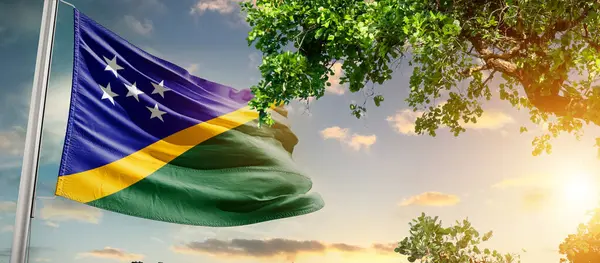 Solomon Adaları ulusal bayrağı ağacın yanındaki bulutlara karşı dalgalanıyor