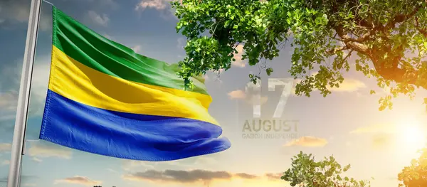 Gabon ulusal bayrağı ağaçların yanında dalgalanan bulutlara karşı