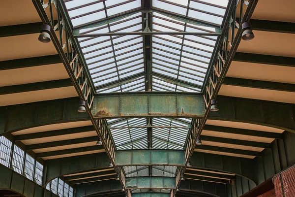 Image of Interior aged steel open ceiling inside abandoned train station in New Jersey