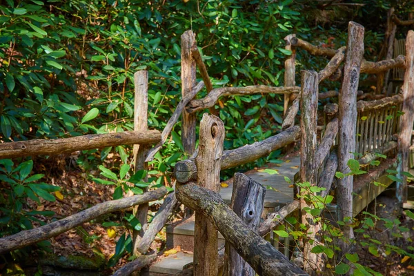Image of Detail side of natural wood railing on boardwalk with greenery behind