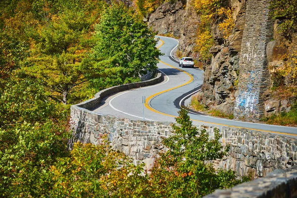 Image of Road with stone wall winding through cliffs in forest