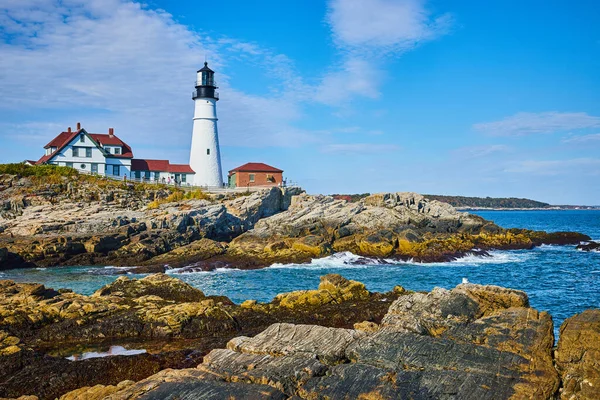 Image Rocky Coastlines Maine Beautiful White Lighthouse — Stock Photo, Image