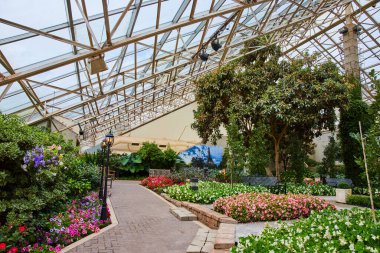 Büyük botanik bahçelerinin içinde yürüme yolları, cam tavanlı Fransız temalı Eyfel Kulesi sanatı.