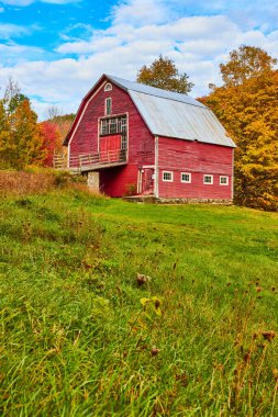 Image of Large red vintage country barn in grassy fields with fall trees behind clipart