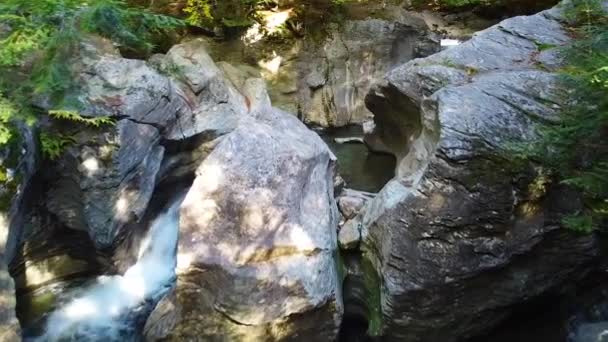 苔むした森に囲まれた青い海に滝によって峡谷を彫る川と美しい岩を通して空中のビデオ — ストック動画